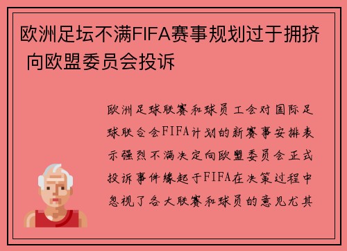 欧洲足坛不满FIFA赛事规划过于拥挤 向欧盟委员会投诉